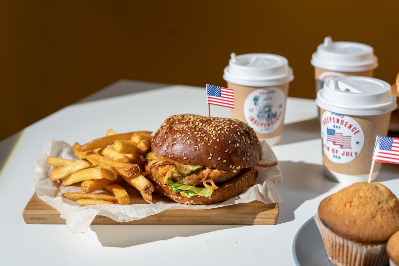 Celebrate Independence Day with a classic American burger, fries, and coffee.